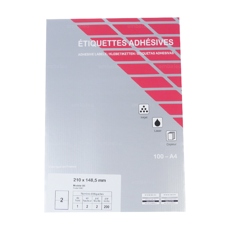 Etiquettes adhésives en planche A4; 199,6 x 143,5 mm angles arrondis